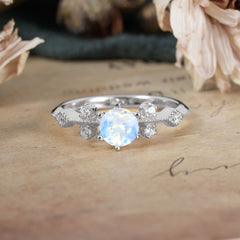 Round Cut Moonstone Engagement Ring Unique Distance Band Ring