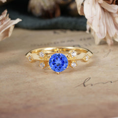 Round Cut Sapphire Engagement Ring Unique Distance Band Ring