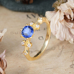 Round Cut Sapphire Engagement Ring Unique Distance Band Ring