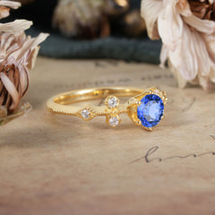 Round Cut Sapphire Engagement Ring Unique Distance Band Ring