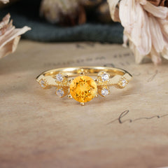 Round Cut Citrine Engagement Ring Unique Distance Band Ring