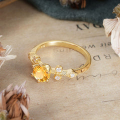 Round Cut Citrine Engagement Ring Unique Distance Band Ring