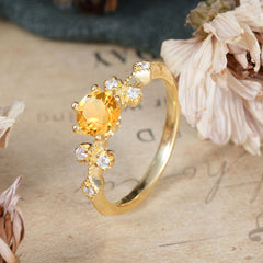 Round Cut Citrine Engagement Ring Unique Distance Band Ring