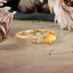 Round Cut Citrine Engagement Ring Unique Distance Band Ring
