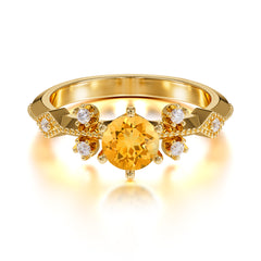 Round Cut Citrine Engagement Ring Unique Distance Band Ring