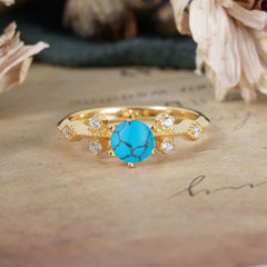 Round Cut Turquoise Engagement Ring Unique Distance Band Ring