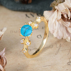 Round Cut Turquoise Engagement Ring Unique Distance Band Ring