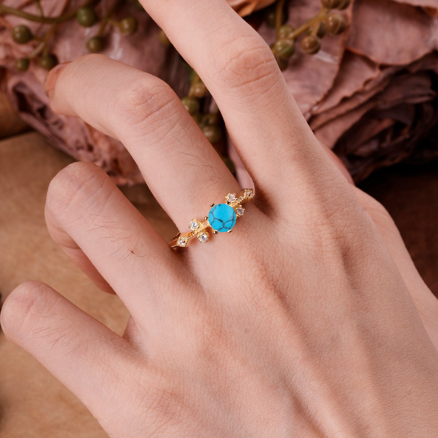 Round Cut Turquoise Engagement Ring Unique Distance Band Ring