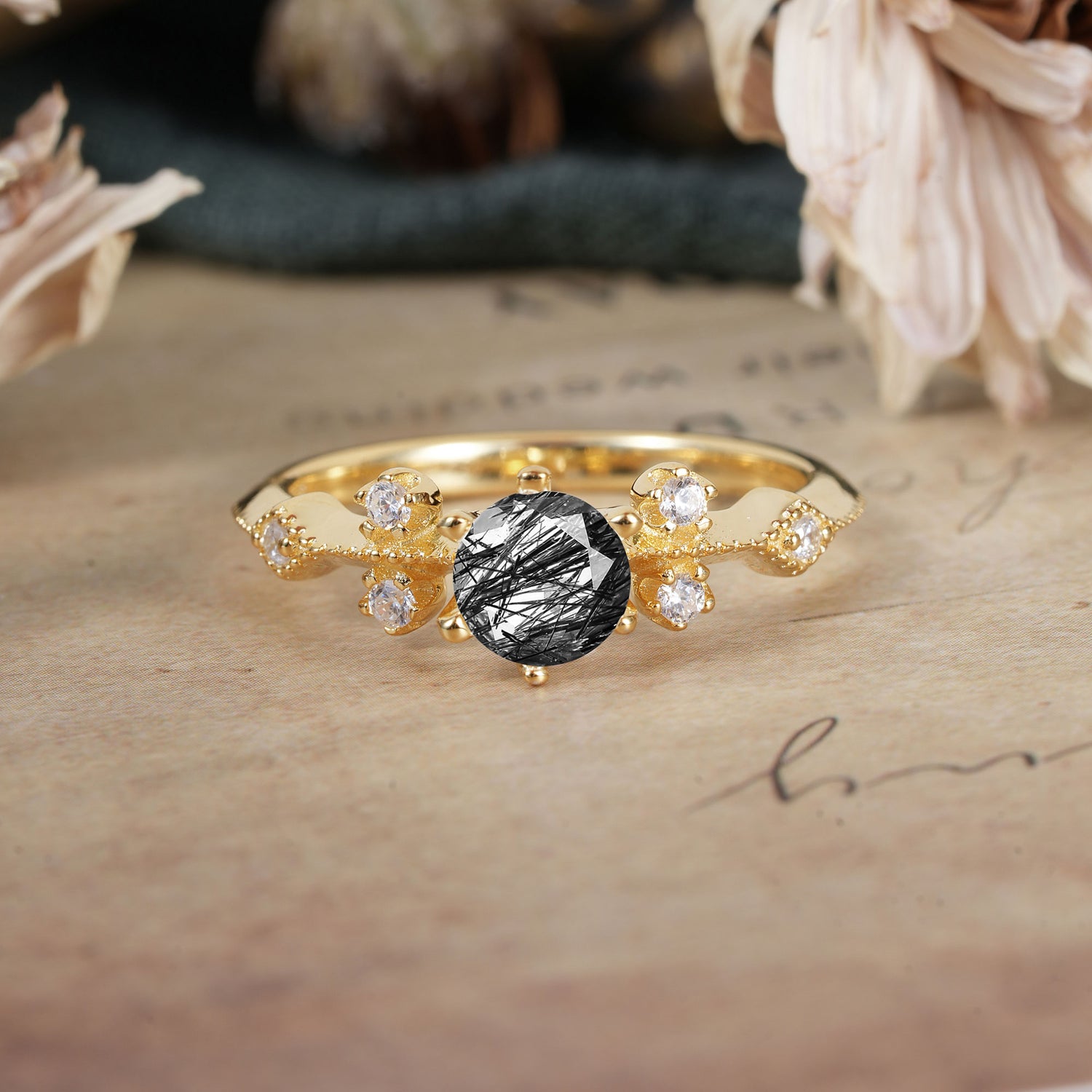 Round Cut Black Rutilated Quartz Engagement Ring Unique Distance Band Ring