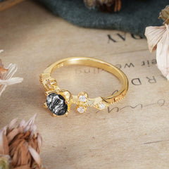 Round Cut Black Rutilated Quartz Engagement Ring Unique Distance Band Ring