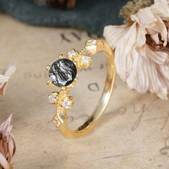 Round Cut Black Rutilated Quartz Engagement Ring Unique Distance Band Ring