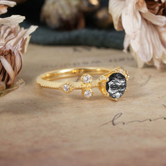 Round Cut Black Rutilated Quartz Engagement Ring Unique Distance Band Ring