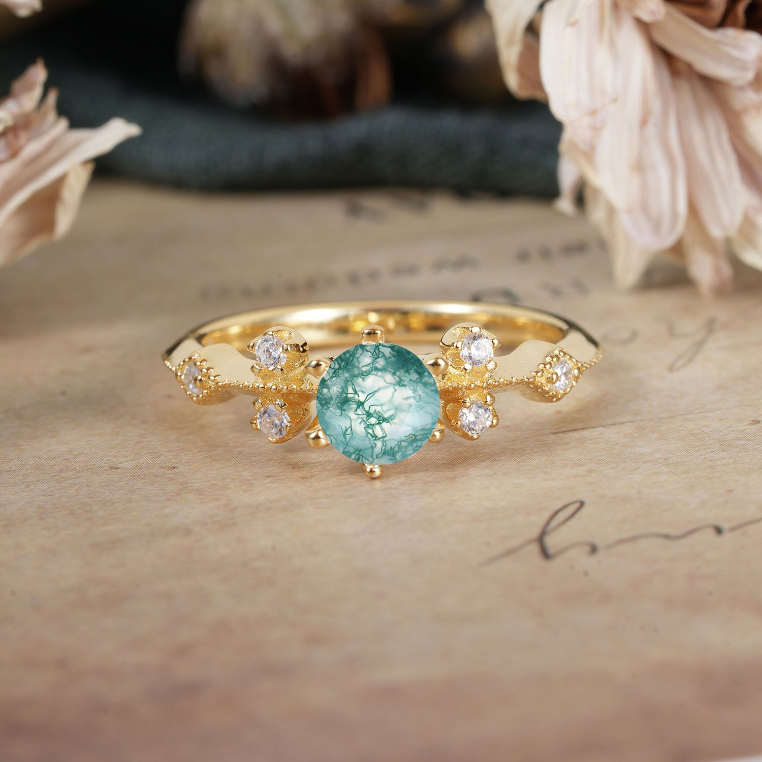 Round Cut Moss Agate Engagement Ring Unique Distance Band Ring