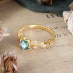 Round Cut Moss Agate Engagement Ring Unique Distance Band Ring