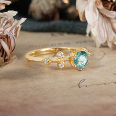 Round Cut Moss Agate Engagement Ring Unique Distance Band Ring