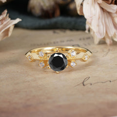 Round Cut Black Onyx Engagement Ring Unique Distance Band Ring