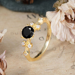 Round Cut Black Onyx Engagement Ring Unique Distance Band Ring