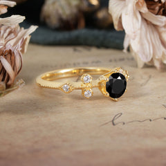 Round Cut Black Onyx Engagement Ring Unique Distance Band Ring
