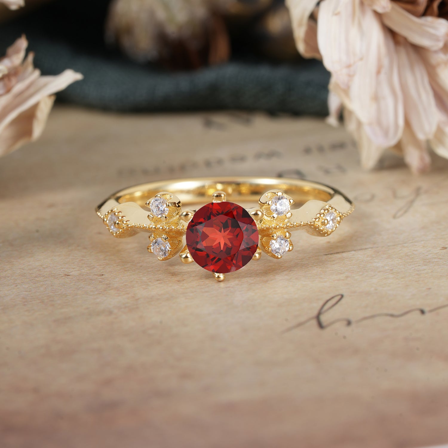 Round Cut Garnet Engagement Ring Unique Distance Band Ring