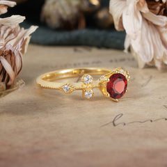 Round Cut Garnet Engagement Ring Unique Distance Band Ring