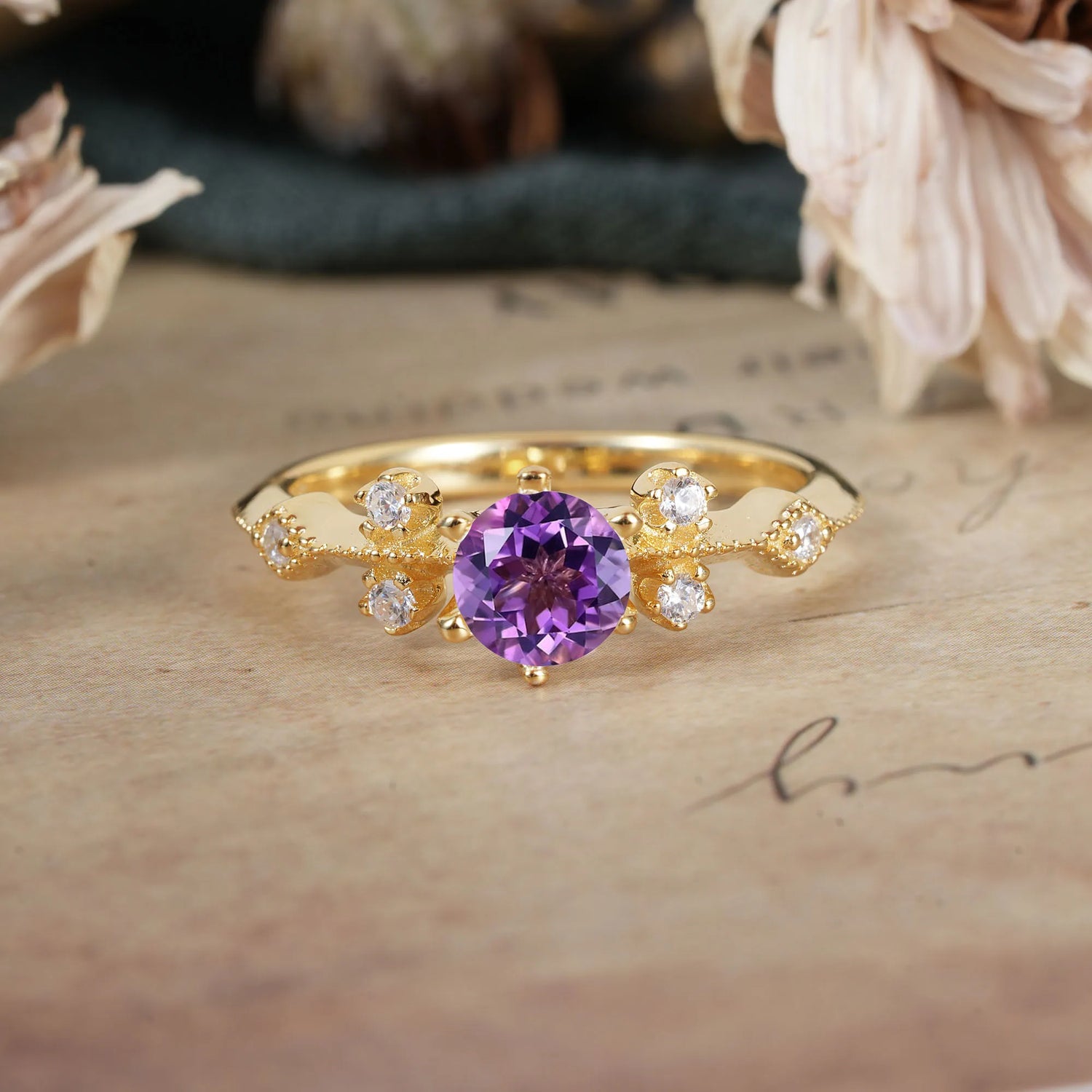 Round Cut Amethyst Engagement Ring Unique Distance Band Ring