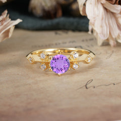 Round Cut Amethyst Engagement Ring Unique Distance Band Ring