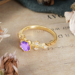 Round Cut Amethyst Engagement Ring Unique Distance Band Ring