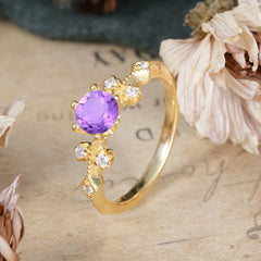 Round Cut Amethyst Engagement Ring Unique Distance Band Ring