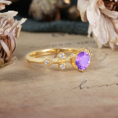 Round Cut Amethyst Engagement Ring Unique Distance Band Ring