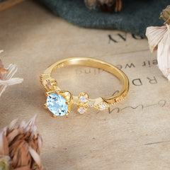 Round Cut Aquamarine Engagement Ring Unique Distance Band Ring