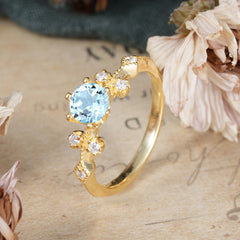 Round Cut Aquamarine Engagement Ring Unique Distance Band Ring