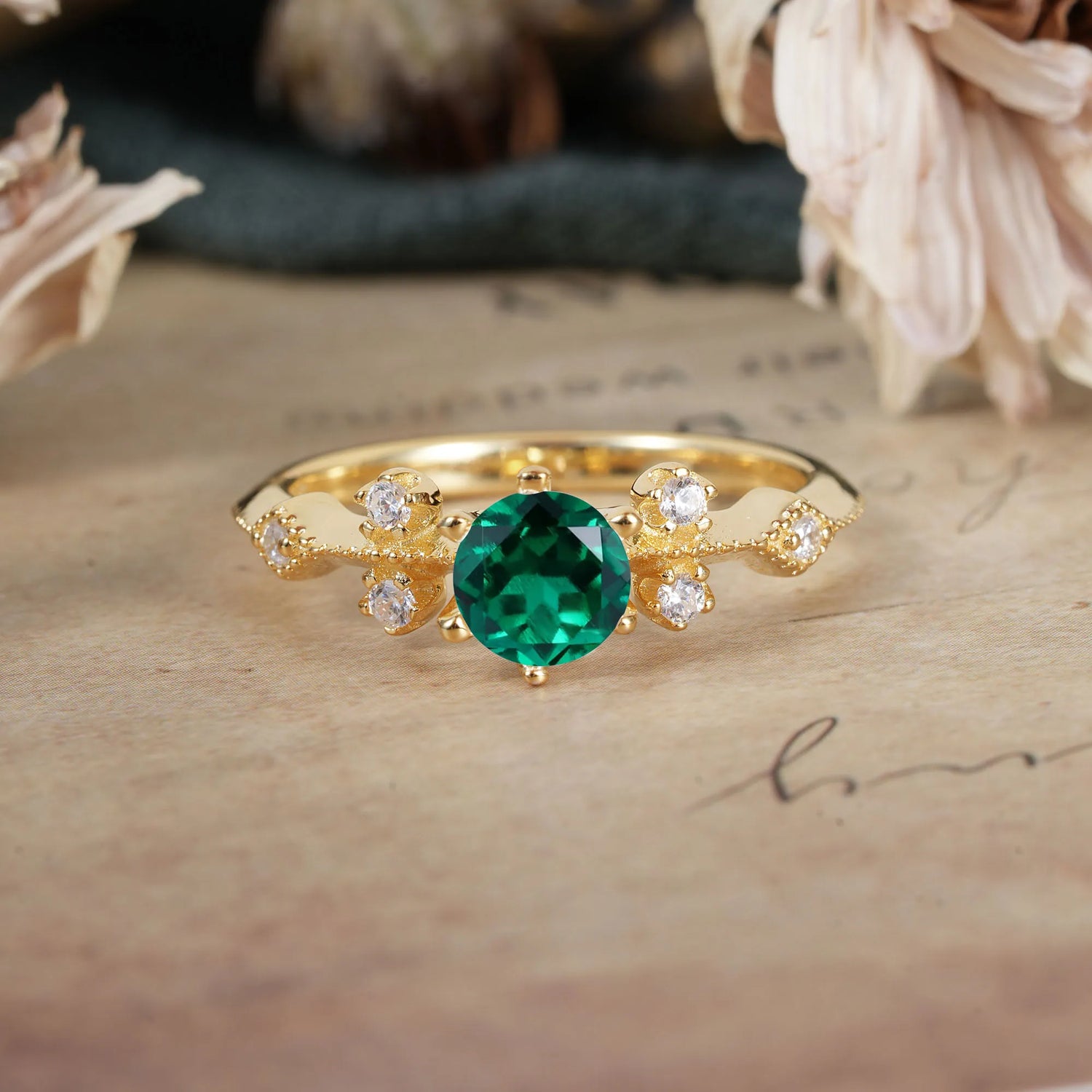 Round Cut Emerald Engagement Ring Unique Distance Band Ring
