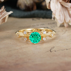 Round Cut Emerald Engagement Ring Unique Distance Band Ring