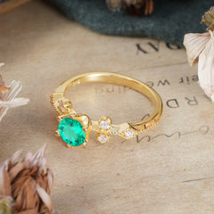 Round Cut Emerald Engagement Ring Unique Distance Band Ring