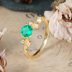 Round Cut Emerald Engagement Ring Unique Distance Band Ring