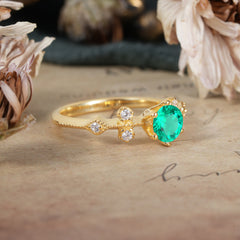 Round Cut Emerald Engagement Ring Unique Distance Band Ring