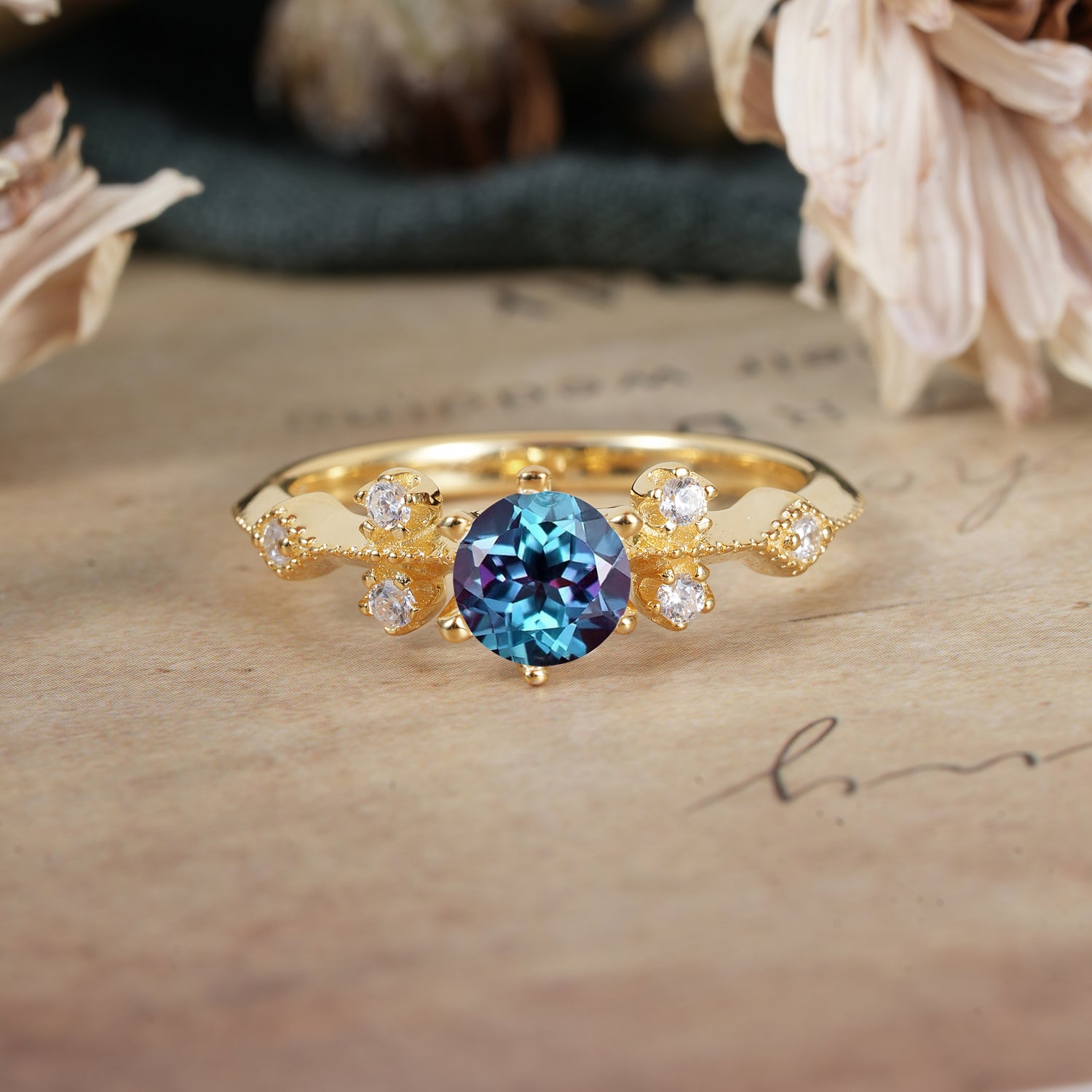 Round Cut Alexandrite Engagement Ring Unique Distance Band Ring