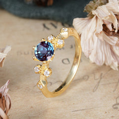 Round Cut Alexandrite Engagement Ring Unique Distance Band Ring