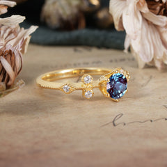 Round Cut Alexandrite Engagement Ring Unique Distance Band Ring