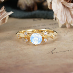 Round Cut Moonstone Engagement Ring Unique Distance Band Ring