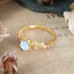 Round Cut Moonstone Engagement Ring Unique Distance Band Ring