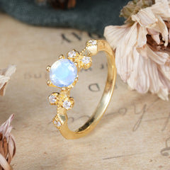 Round Cut Moonstone Engagement Ring Unique Distance Band Ring