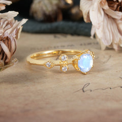 Round Cut Moonstone Engagement Ring Unique Distance Band Ring