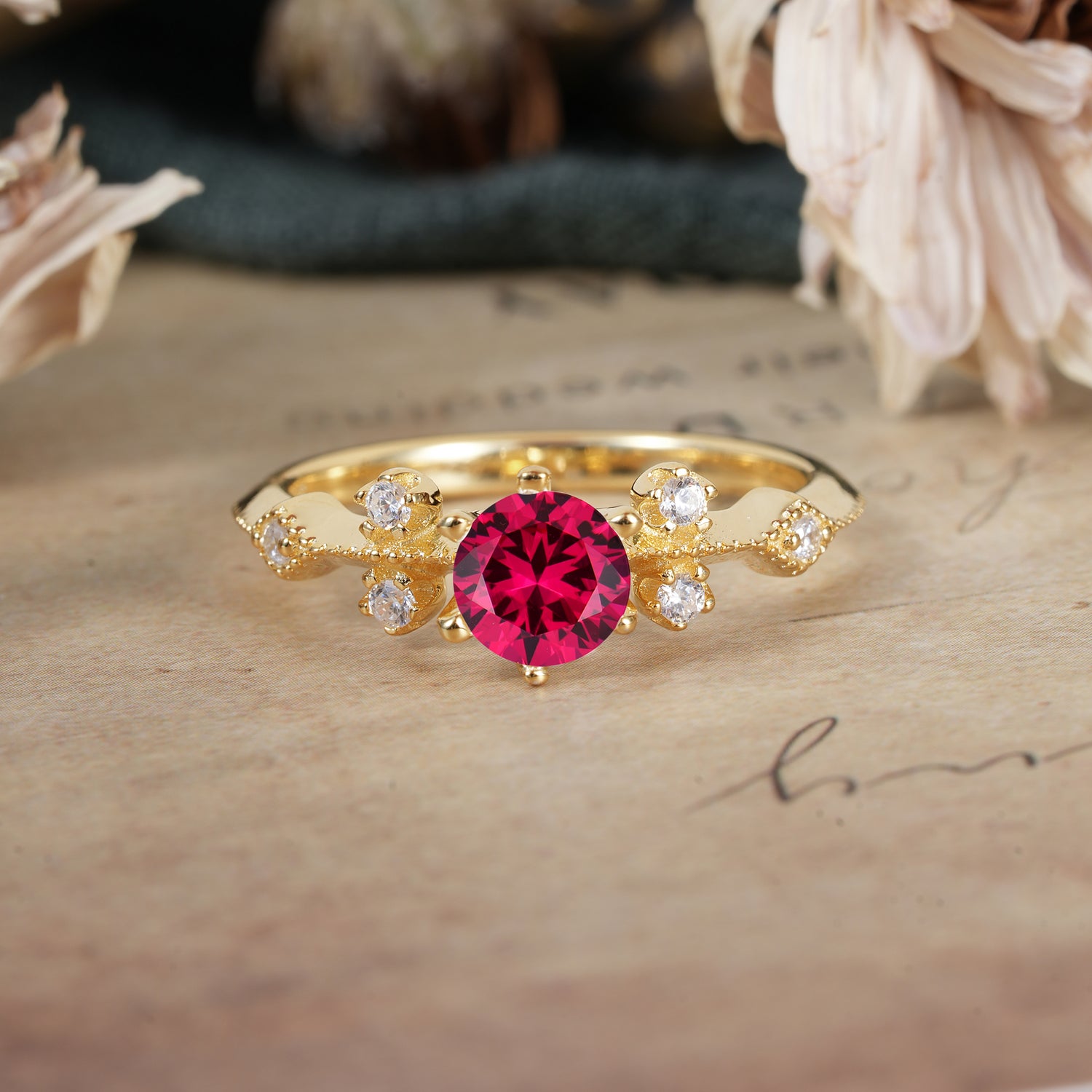 Round Cut Ruby Engagement Ring Unique Distance Band Ring