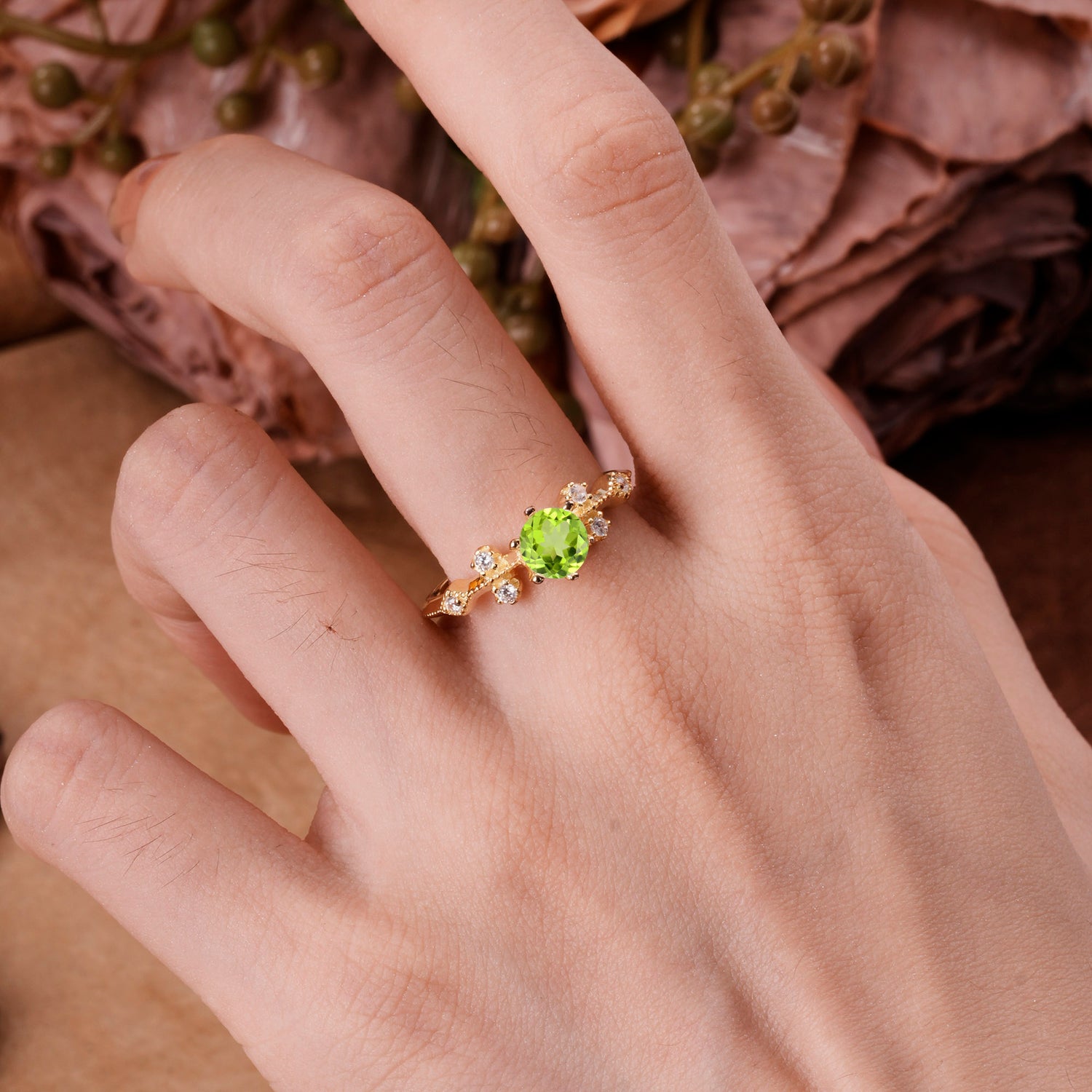 Round Cut Peridot Engagement Ring Unique Distance Band Ring