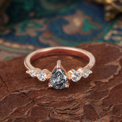 Pear Cut 3 Prong Classic Black Rutilated Quartz Wedding Ring Promise Side Stone Anniversary Ring