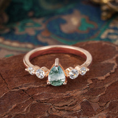 Pear Cut Classic Moss Agate Wedding Ring Promise Side Stone Anniversary Ring