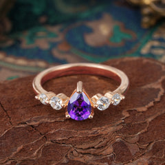 Pear Cut 3 Prong Classic Amethyst Wedding Ring Promise Side Stone Anniversary Ring