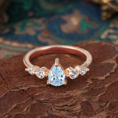 Pear Cut 3 Prong Classic Aquamarine Wedding Ring Promise Side Stone Anniversary Ring