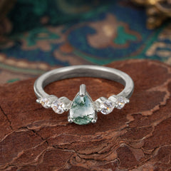 Pear Cut Classic Moss Agate Wedding Ring Promise Side Stone Anniversary Ring